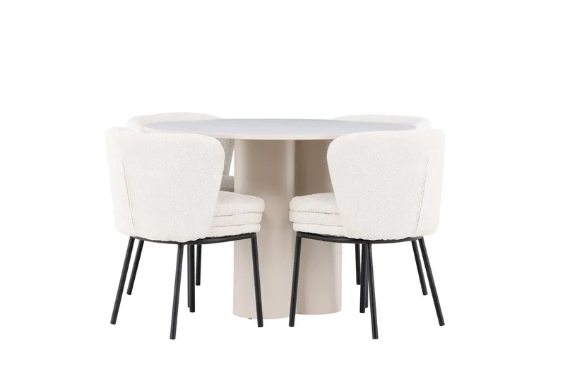 Olivia Ruokailuryhmä 110 cm Pyöreä jossa 4 Agnes tuolia, Beige/Valkoinen