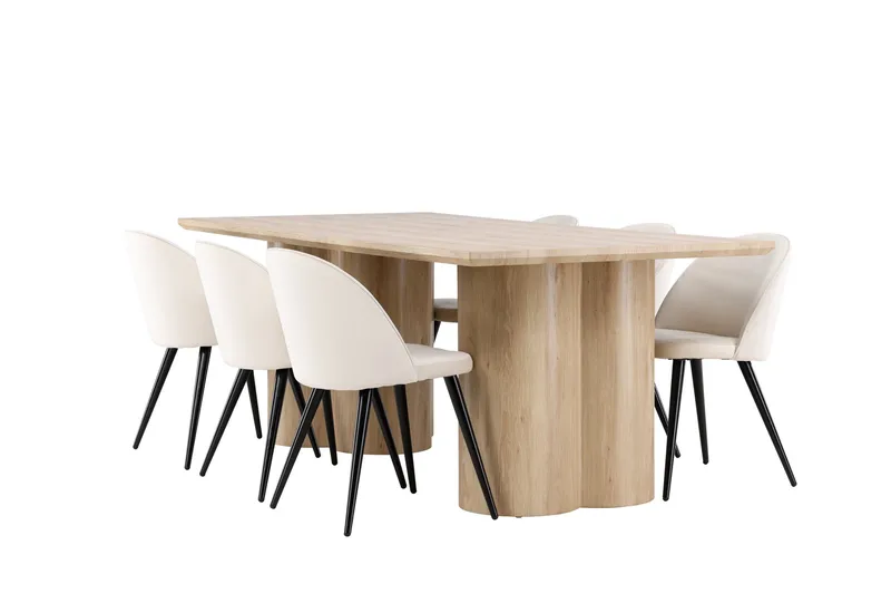 Olivia Ruokailuryhmä 210 cm Suorakulmainen jossa 6 Velvet tuolia, Whitewash/Beige