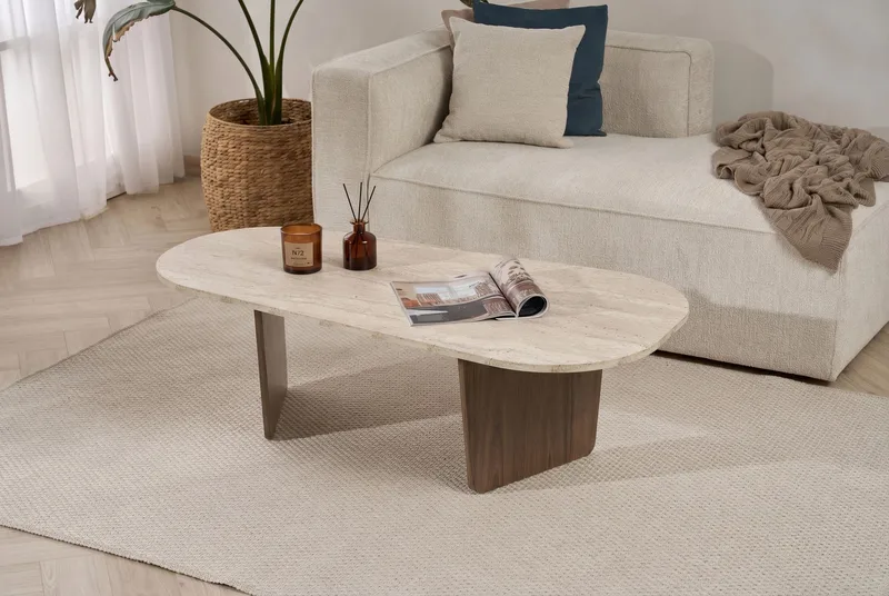 Omari Sohvapöytä 130 cm - Travertiin ja pähkinä - Huonekalut - Pöytä & ruokailuryhmä - Sohvapöytä