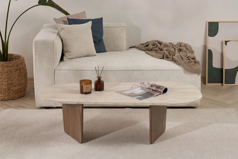 Omari Sohvapöytä 130 cm - Travertiin ja pähkinä - Huonekalut - Pöytä & ruokailuryhmä - Sohvapöytä