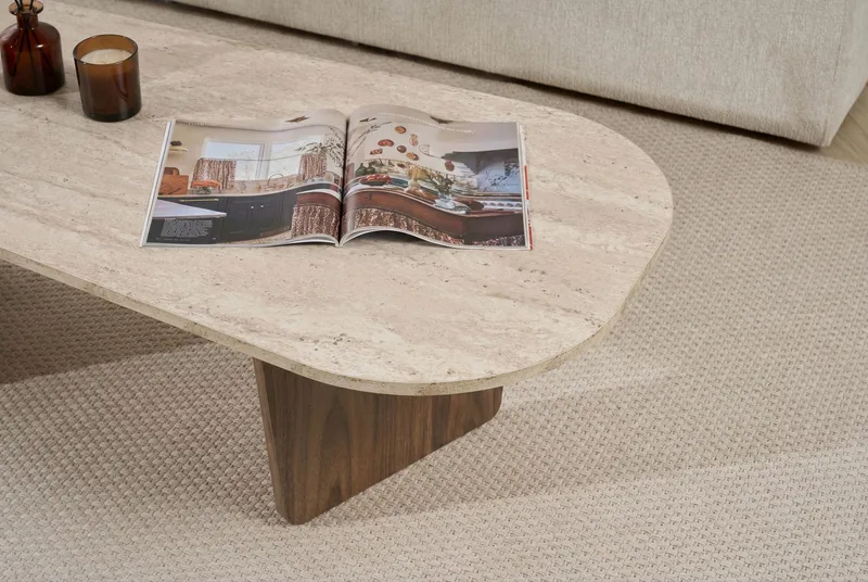 Omari Sohvapöytä 130 cm - Travertiin ja pähkinä - Huonekalut - Pöytä & ruokailuryhmä - Sohvapöytä