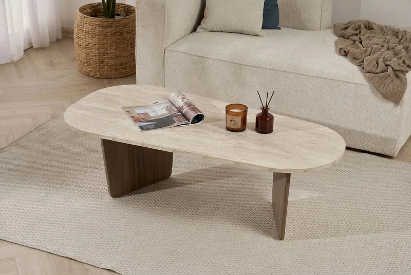 Omari Sohvapöytä 130 cm - Travertiin ja pähkinä - Huonekalut - Pöytä & ruokailuryhmä - Sohvapöytä