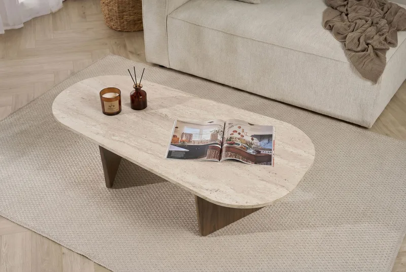 Omari Sohvapöytä 130 cm - Travertiin ja pähkinä - Huonekalut - Pöytä & ruokailuryhmä - Sohvapöytä