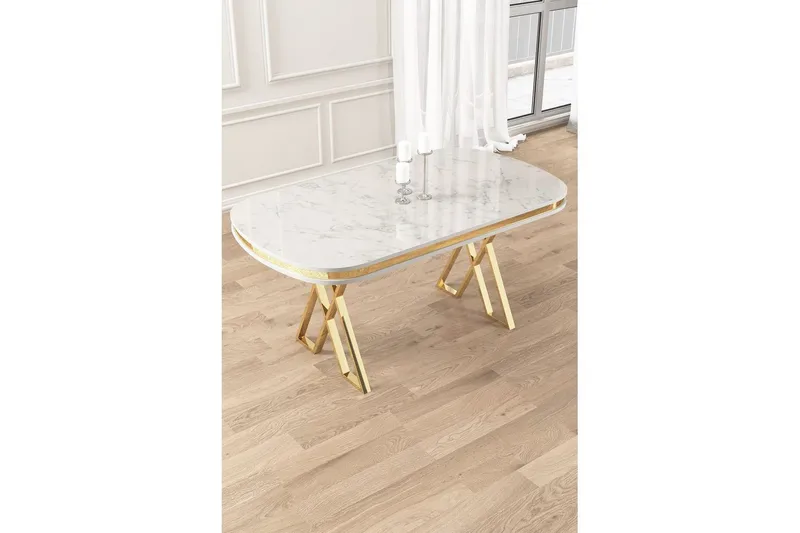 Omin Ruokapöyt ä 168 cm Suorakulmainen - Valkoinen Marmori/Keltainend - Huonekalut - Pöytä & ruokailuryhmä - Ruokapöydät & keittiön pöydät