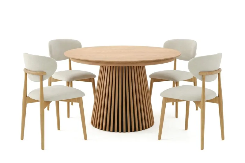 Peyra jatkettava pyöreä 120–220 cm, tammi, 4 Molly-ruokatuolia, Tammi