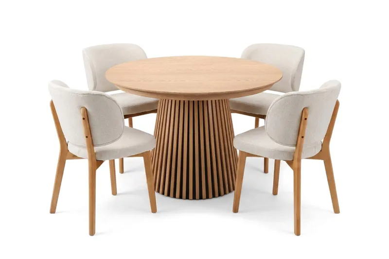 Peyra-ruokailuryhmä, jatkettava, pyöreä 120–220 cm, tammipuuta, 4 Eira-ruokatuolia, Tammi