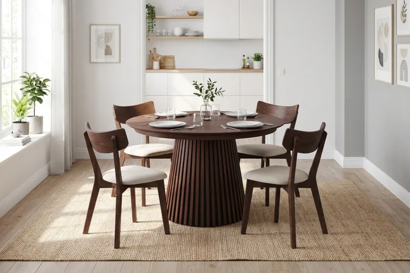 Peyra-ruokailuryhmä, jatkettava pyöreä 120–220 cm, pähkinä, 4 Amelia-ruokatuolia pehmusteella - Pähkinä/Beige - Huonekalut - Pöytä & ruokailuryhmä - Ruokailuryhmä