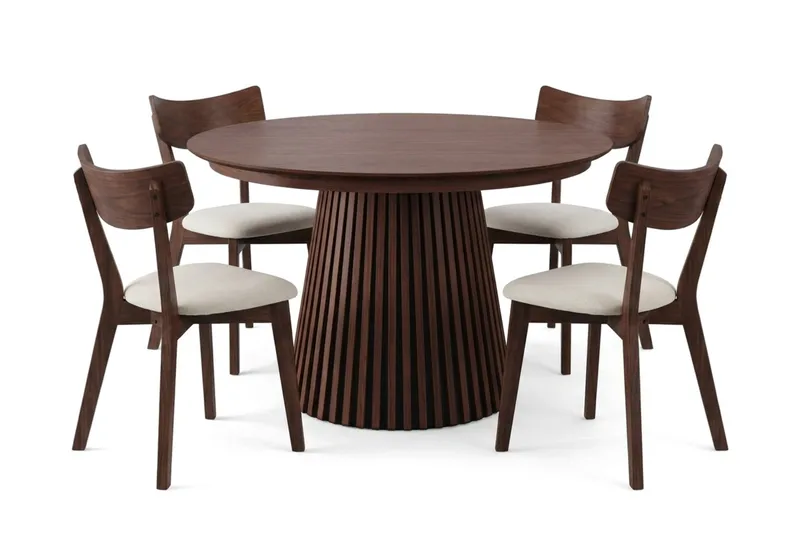 Peyra-ruokailuryhmä, jatkettava pyöreä 120–220 cm, pähkinä, 4 Amelia-ruokatuolia pehmusteella - Pähkinä/Beige - Huonekalut - Pöytä & ruokailuryhmä - Ruokailuryhmä