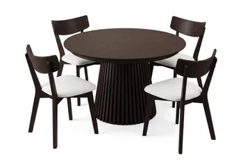 Peyra-ruokailuryhmä, jatkettava pyöreä 120–220 cm:n savustettu tammipöytä ja 4 pehmustettua Amelia-ruokailutuolia - Savustettu tammi/beige - Huonekalut - Pöytä & ruokailuryhmä - Ruokailuryhmä