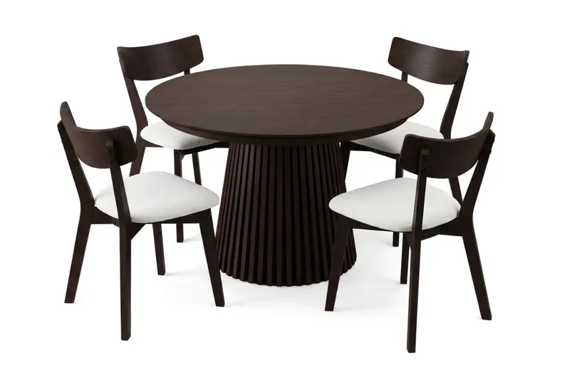 Peyra-ruokailuryhmä, jatkettava pyöreä 120–220 cm, savutammi, 4 Amelia-ruokatuolia pehmusteella, Savutammi/Beige