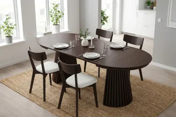 Peyra-ruokailuryhmä, jatkettava pyöreä 120–220 cm:n savustettu tammipöytä ja 4 pehmustettua Amelia-ruokailutuolia - Savustettu tammi/beige - Huonekalut - Pöytä & ruokailuryhmä - Ruokailuryhmä