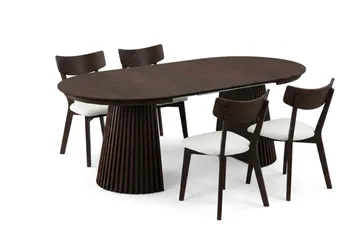 Peyra-ruokailuryhmä, jatkettava pyöreä 120–220 cm:n savustettu tammipöytä ja 4 pehmustettua Amelia-ruokailutuolia - Savustettu tammi/beige - Huonekalut - Pöytä & ruokailuryhmä - Ruokailuryhmä