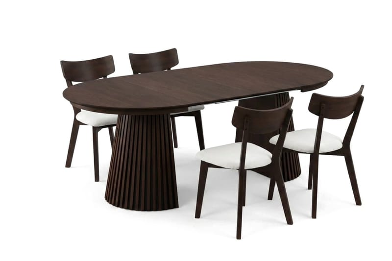Peyra-ruokailuryhmä, jatkettava pyöreä 120–220 cm, savutammi, 4 Amelia-ruokatuolia pehmusteella - Savutammi/Beige - Huonekalut - Pöytä & ruokailuryhmä - Ruokailuryhmä