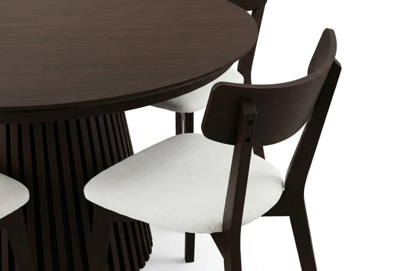 Peyra-ruokailuryhmä, jatkettava pyöreä 120–220 cm, savutammi, 4 Amelia-ruokatuolia pehmusteella - Savutammi/Beige - Huonekalut - Pöytä & ruokailuryhmä - Ruokailuryhmä