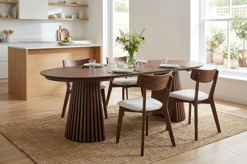 Peyra-ruokailuryhmä, jatkettava pyöreä 120–220 cm, pähkinä, 4 Amelia-ruokatuolia pehmusteella - Pähkinä/Beige - Huonekalut - Pöytä & ruokailuryhmä - Ruokailuryhmä