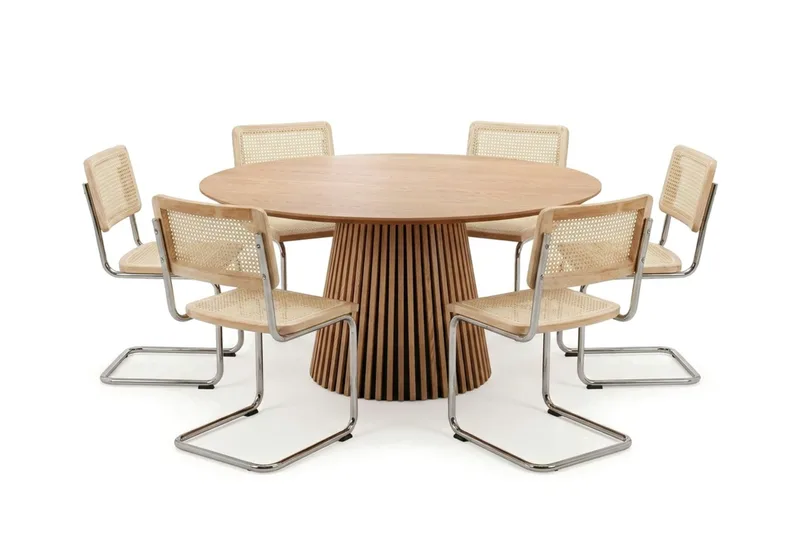 Peyra-ruokailuryhmä, pyöreä 150 cm, tammi, 6 Build-ruokatuolia, Tammi