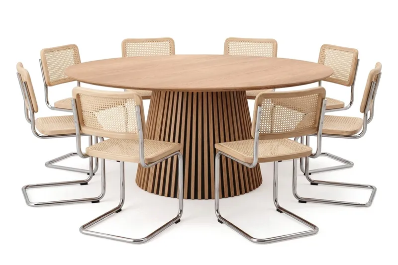 Peyra-ruokailuryhmä, pyöreä 180 cm, tammi, 8 Build-ruokatuolia, Tammi