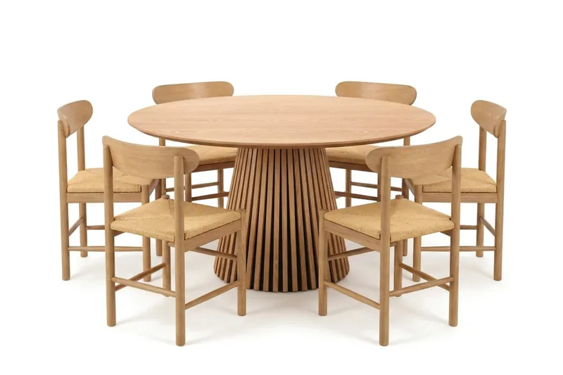 Peyra-ruokailuryhmä pyöreä 130 cm tammi, 6 Malte-ruokatuolia, undefined