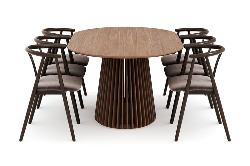 Peyra Soikea Ruokailuryhmä Massiivipähkinä 200 cm ja 6 Cytie Käsinojallista Tuolia - Pähkinä - Huonekalut - Pöytä & ruokailuryhmä - Ruokailuryhmä