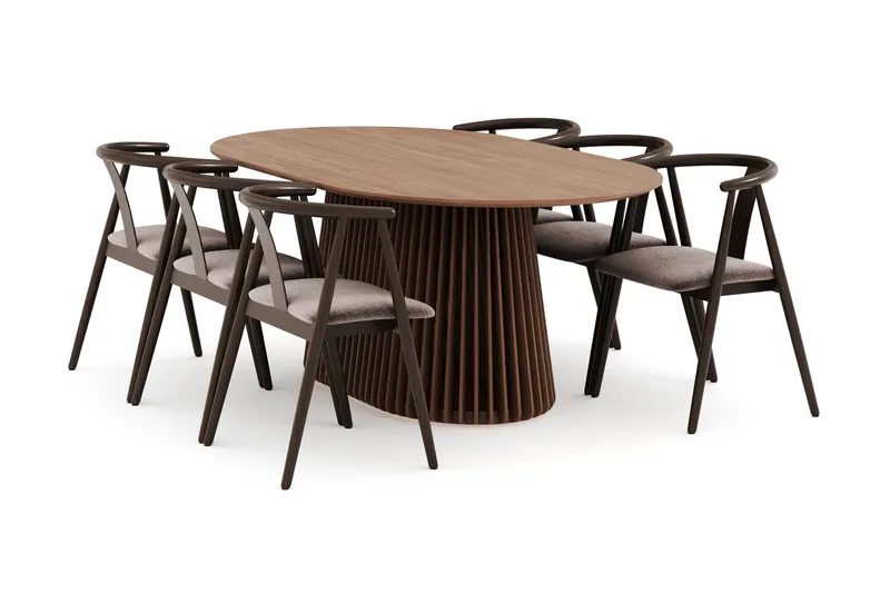 Peyra Soikea Ruokailuryhmä Massiivipähkinä 200 cm ja 6 Cytie Käsinojallista Tuolia, Pähkinä