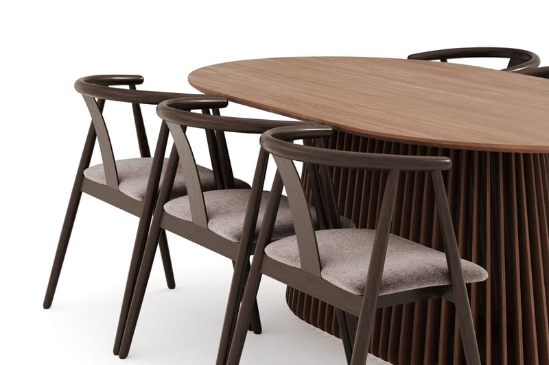 Peyra Soikea Ruokailuryhmä Massiivipähkinä 200 cm ja 6 Cytie Käsinojallista Tuolia - Pähkinä - Huonekalut - Pöytä & ruokailuryhmä - Ruokailuryhmä