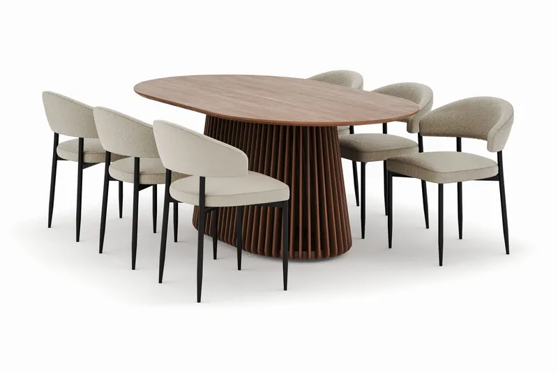 Peyra Soikea Ruokapöytä 200 cm ja 6 Sawako Tuolia, Pähkinä