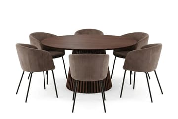 Peyra pyöreä ruokailuryhmä 150 cm, pähkinä, 6 Berit-ruokatuolia - Pähkinä - Huonekalut - Pöytä & ruokailuryhmä - Ruokailuryhmä