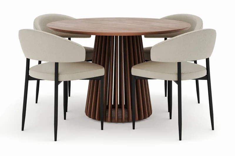 Peyra Pyöreä Ruokapöytä 120 cm ja 4 Sawako Tuolia, Pähkinä