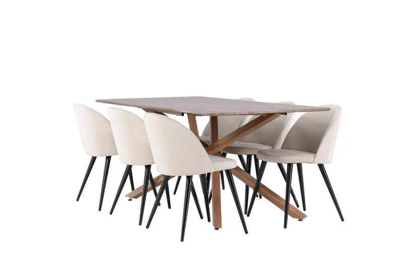 Piazza Ruokailuryhmä 180 cm Suorakulmainen jossa 6 Velvet tuolia, Mokka/Beige