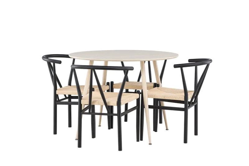 Plaza Ruokailuryhmä 100 cm Pyöreä jossa 4 Alfons tuolia, Whitewash/Musta