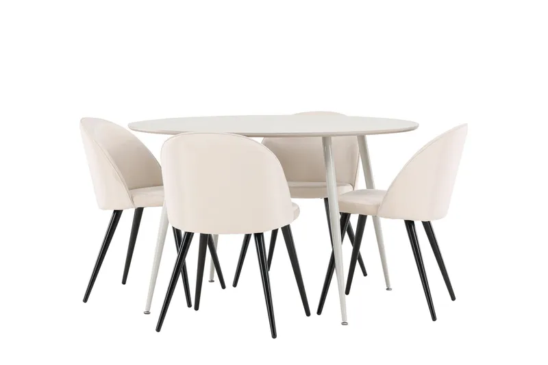 Plaza Ruokailuryhmä 120 cm Pyöreä jossa 4 Velvet tuolia, Beige/Beige