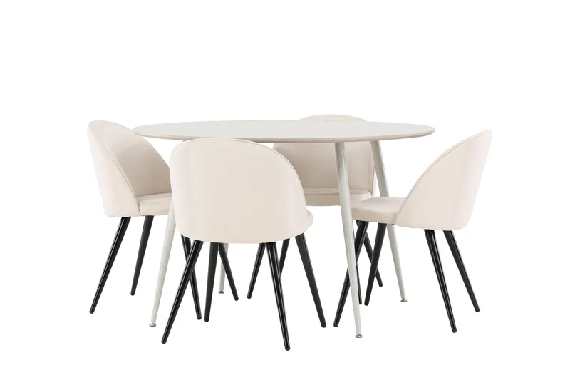 Plaza Ruokailuryhmä 120 cm Pyöreä jossa 4 Velvet tuolia - Beige/Beige - Huonekalut - Pöytä & ruokailuryhmä - Ruokailuryhmä