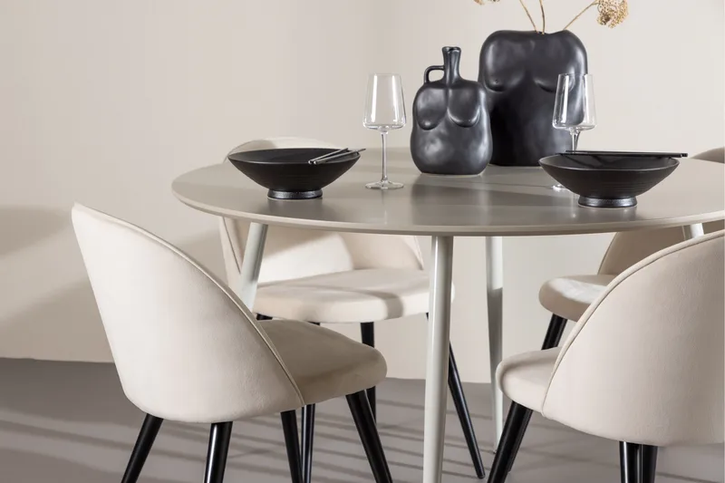 Plaza Ruokailuryhmä 120 cm Pyöreä jossa 4 Velvet tuolia - Beige/Beige - Huonekalut - Pöytä & ruokailuryhmä - Ruokailuryhmä