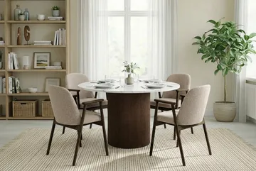 Pyöreä Uppveda-ruokapöytä 120 cm ja 4 Reciclar-ruokatuolia - Valkoinen/Ruskea/Greige - Huonekalut - Pöytä & ruokailuryhmä - Ruokailuryhmä