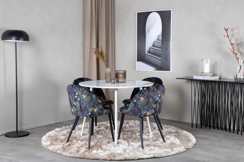 Pyöreä Plaza-ruokapöytä ja 4 Velvet-ruokatuolia