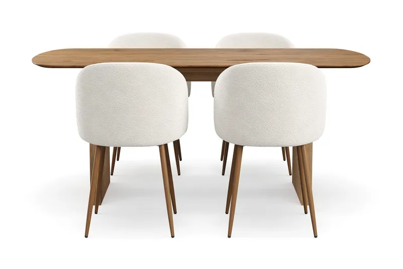 Richeto-ruokailuryhmä, jossa 4 Greya-ruokatuolia käsinojilla, Luonnollinen viimeistely / valkoinen buklee