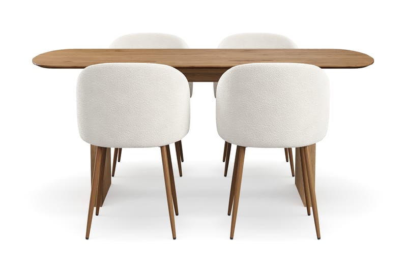 Richeto Ruokailuryhmä, jossa 4 Greya Ruokatuolia käsinojilla, Luonnollinen Viimeistely/Valkoinen Bouclé