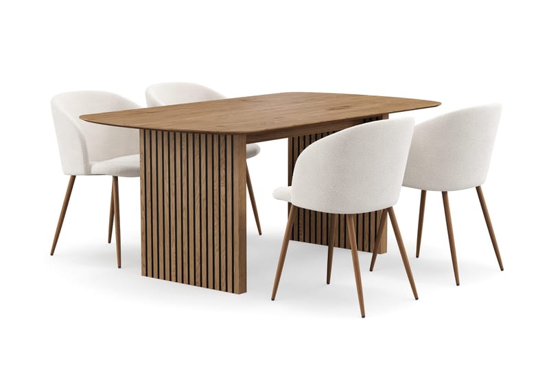 Richeto Ruokailuryhmä, jossa 4 Greya Ruokatuolia käsinojilla - Luonnollinen Viimeistely/Valkoinen Bouclé - Huonekalut - Pöytä & ruokailuryhmä - Ruokailuryhmä