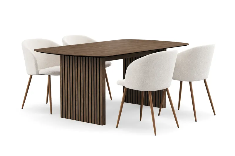 Richeto Ruokailuryhmä, jossa 4 Greya Ruokatuolia käsinojilla - Savustettu Tammi/Valkoinen Bouclé - Huonekalut - Pöytä & ruokailuryhmä - Ruokailuryhmä