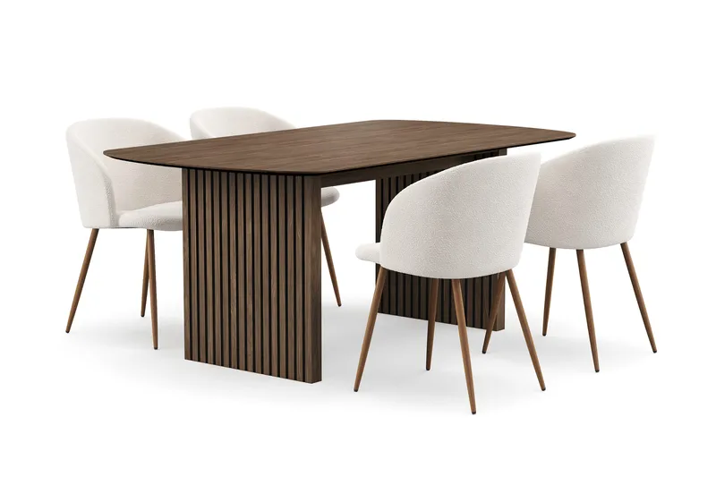 Richeto Ruokailuryhmä, jossa 4 Greya Ruokatuolia käsinojilla - Savustettu Tammi/Valkoinen Bouclé - Huonekalut - Pöytä & ruokailuryhmä - Ruokailuryhmä