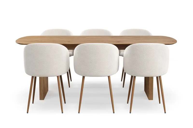 Richeto-ruokailuryhmä, jossa 6 Greya-ruokatuolia käsinojilla, Luonnollinen viimeistely / valkoinen buklee