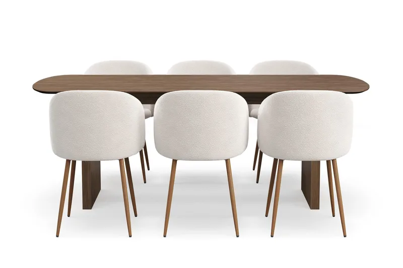 Richeto Ruokailuryhmä, jossa 6 Greya Ruokatuolia käsinojilla, Luonnollinen Viimeistely/Valkoinen Bouclé