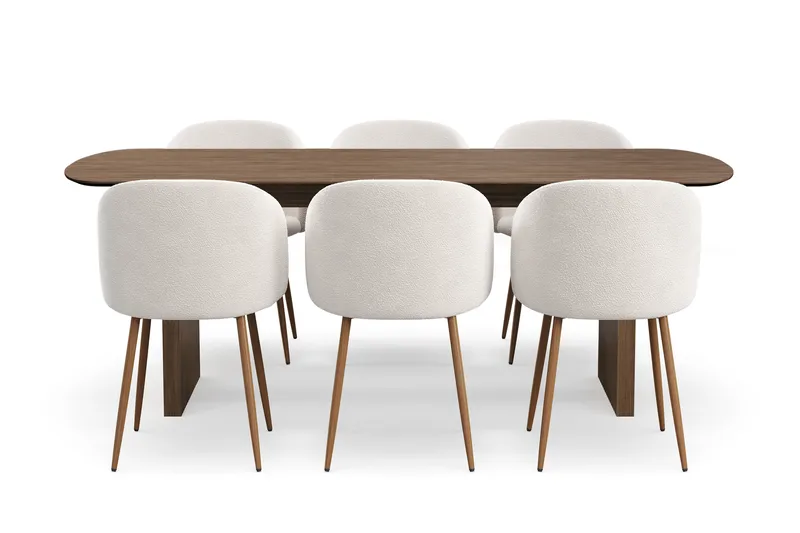 Richeto Ruokailuryhmä, jossa 6 Greya Ruokatuolia käsinojilla, Luonnollinen Viimeistely/Valkoinen Bouclé