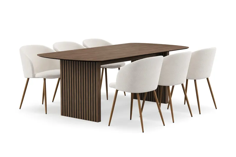 Richeto Ruokailuryhmä, jossa 6 Greya Ruokatuolia käsinojilla - Luonnollinen Viimeistely/Valkoinen Bouclé - Huonekalut - Pöytä & ruokailuryhmä - Ruokailuryhmä