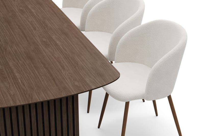 Richeto Ruokailuryhmä, jossa 6 Greya Ruokatuolia käsinojilla - Savustettu Tammi/Valkoinen Bouclé - Huonekalut - Pöytä & ruokailuryhmä - Ruokailuryhmä