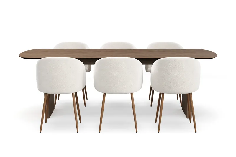 Richeto Ruokailuryhmä, jossa 6 Greya Ruokatuolia käsinojilla, Savustettu Tammi/Valkoinen Bouclé