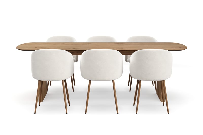 Richeto Ruokailuryhmä, jossa 6 Greya Ruokatuolia käsinojilla, Savustettu Tammi/Valkoinen Bouclé