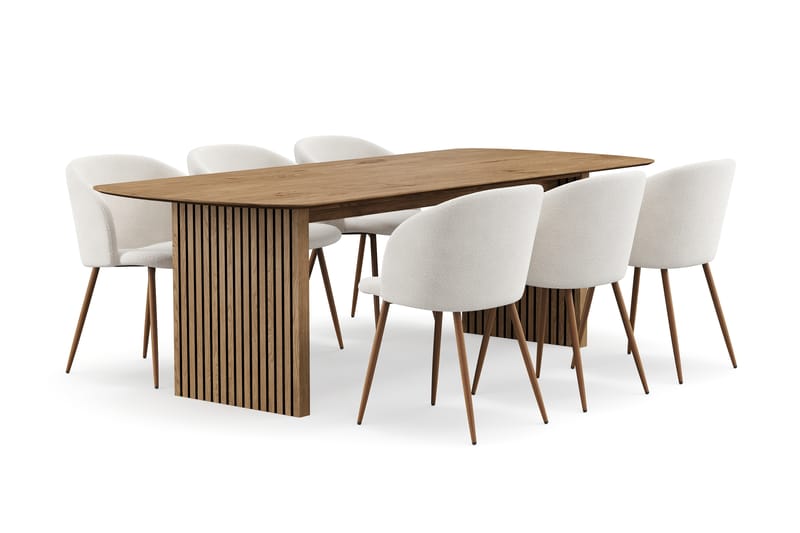 Richeto Ruokailuryhmä, jossa 6 Greya Ruokatuolia käsinojilla - Savustettu Tammi/Valkoinen Bouclé - Huonekalut - Pöytä & ruokailuryhmä - Ruokailuryhmä