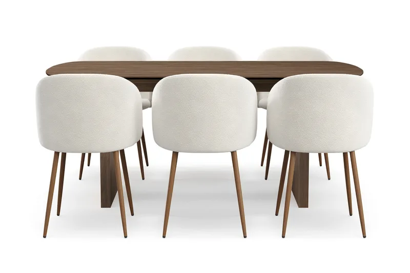 Richeto Ruokailuryhmä, jossa 6 Greya Ruokatuolia käsinojilla, Savustettu Tammi/Valkoinen Bouclé