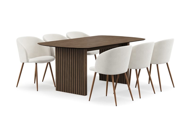 Richeto Ruokailuryhmä, jossa 6 Greya Ruokatuolia käsinojilla - Savustettu Tammi/Valkoinen Bouclé - Huonekalut - Pöytä & ruokailuryhmä - Ruokailuryhmä